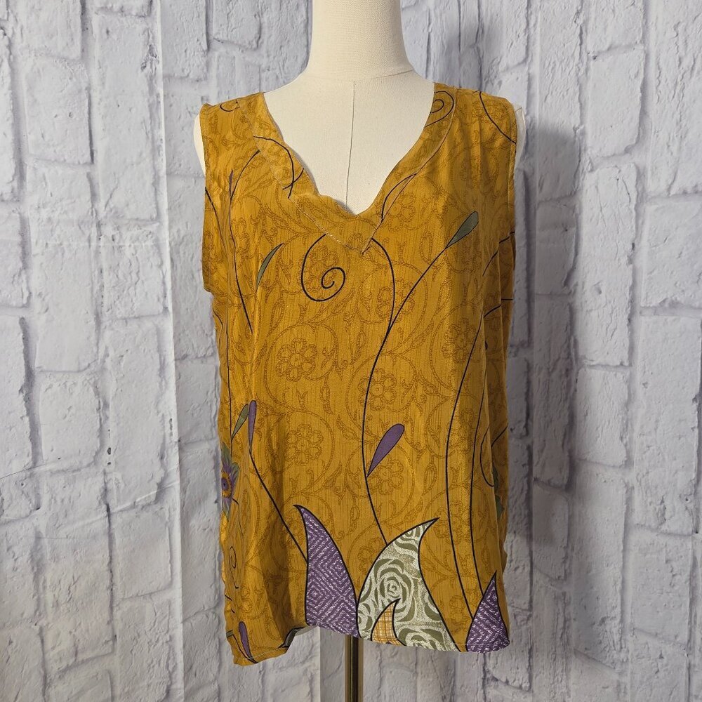 Unbranded Medium Mustard Yellow Purple Print Sleeveless V Neck 100% Silk Blouse